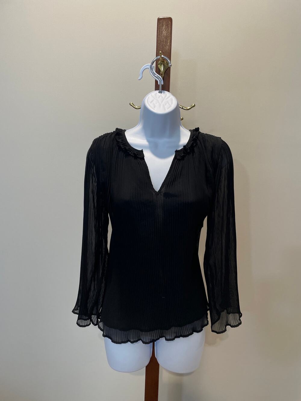 Loft Black Pleated Chiffon Long Sleeve Sheer Sleeve Ruffle Neck Blouse Size M